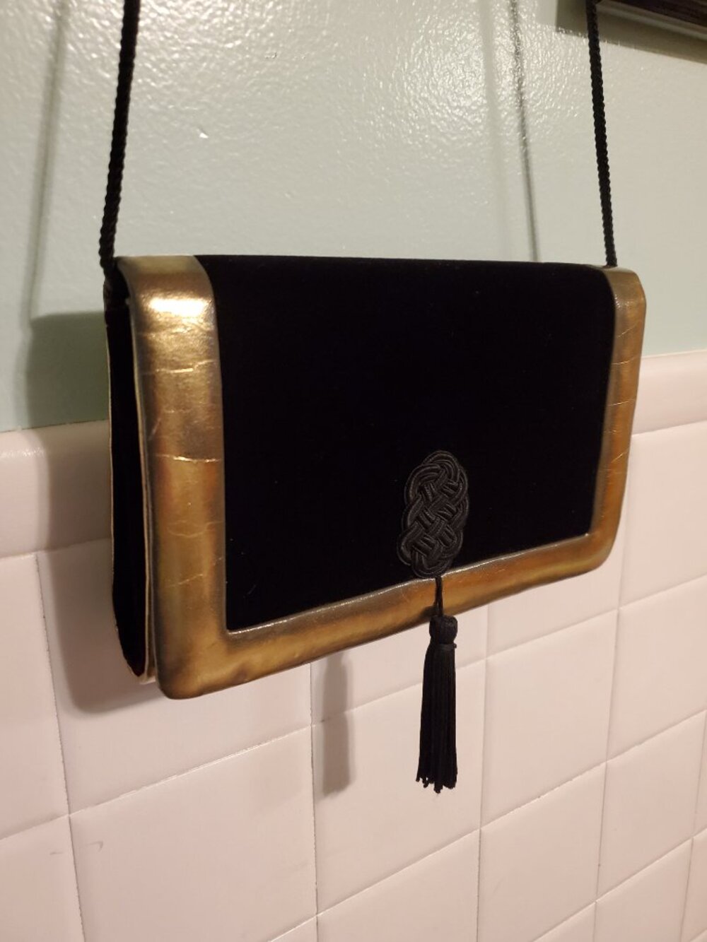 Vintage Black Velvet and Gold Evening Shoulder Tassel Bag - Picture 10 of 11